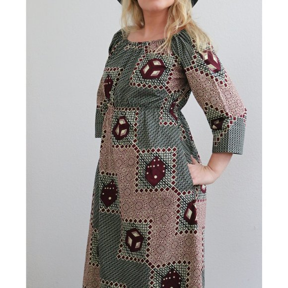 1980's Ankara Super Java African Print Midi Dice Dress // Women's XS to SM - Picture 6 of 9